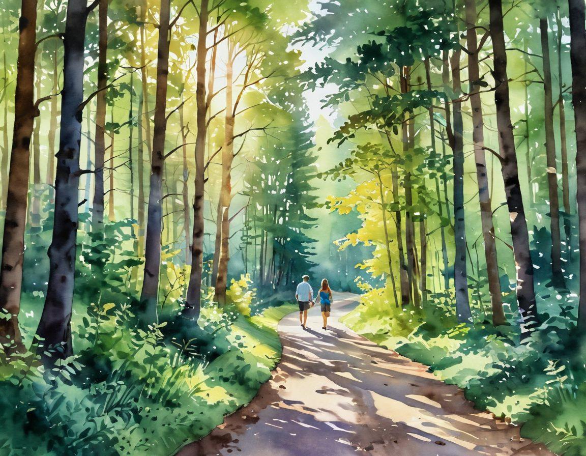 A serene landscape representing a path of healing, featuring a winding road through a lush forest symbolizing intimacy issues, with soft light filtering through the trees. Include silhouettes of diverse individuals walking hand in hand, showcasing unity and sexual freedom. The colors should evoke warmth and comfort, reflecting a journey of self-discovery and acceptance. watercolor art. vibrant colors. soft focus.