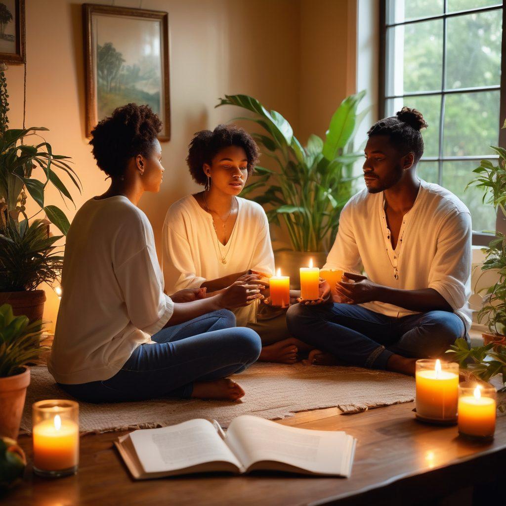 A serene and inviting scene depicting a diverse group of individuals engaged in supportive discussions about intimacy and wellness. Incorporate elements like softly glowing candles, lush indoor plants, and art supplies to symbolize creativity and healing. Add visual metaphors like broken chains to represent overcoming addiction and vibrant rays of light suggesting empowerment. The overall atmosphere should be warm and uplifting. super-realistic. vibrant colors. soft focus.