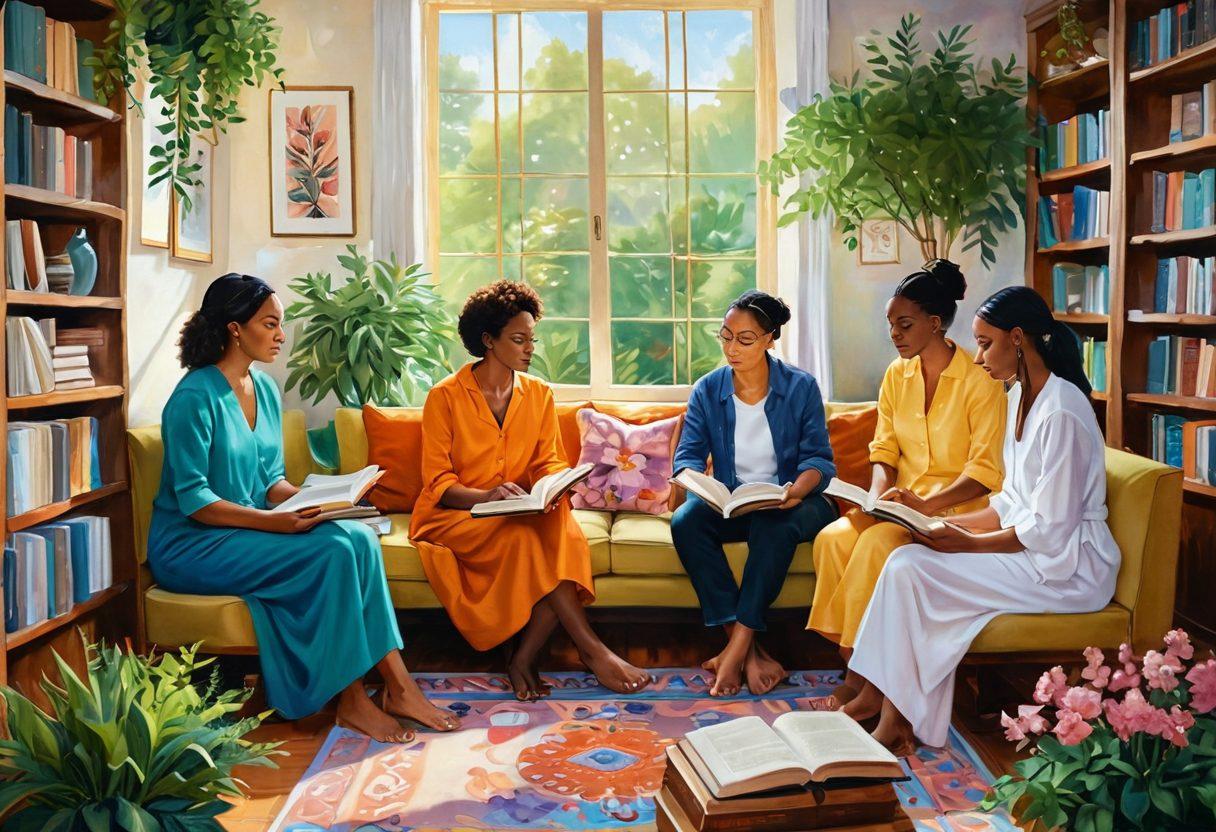 A serene scene depicting diverse individuals engaged in deep, meaningful conversations, surrounded by symbols of personal growth such as open books, blooming plants, and gentle light. Emphasize connection and warmth, highlighting emotional support with soft, inviting colors. Capture a sense of empowerment and healing within a harmonious environment. painting. vibrant colors. soft focus.